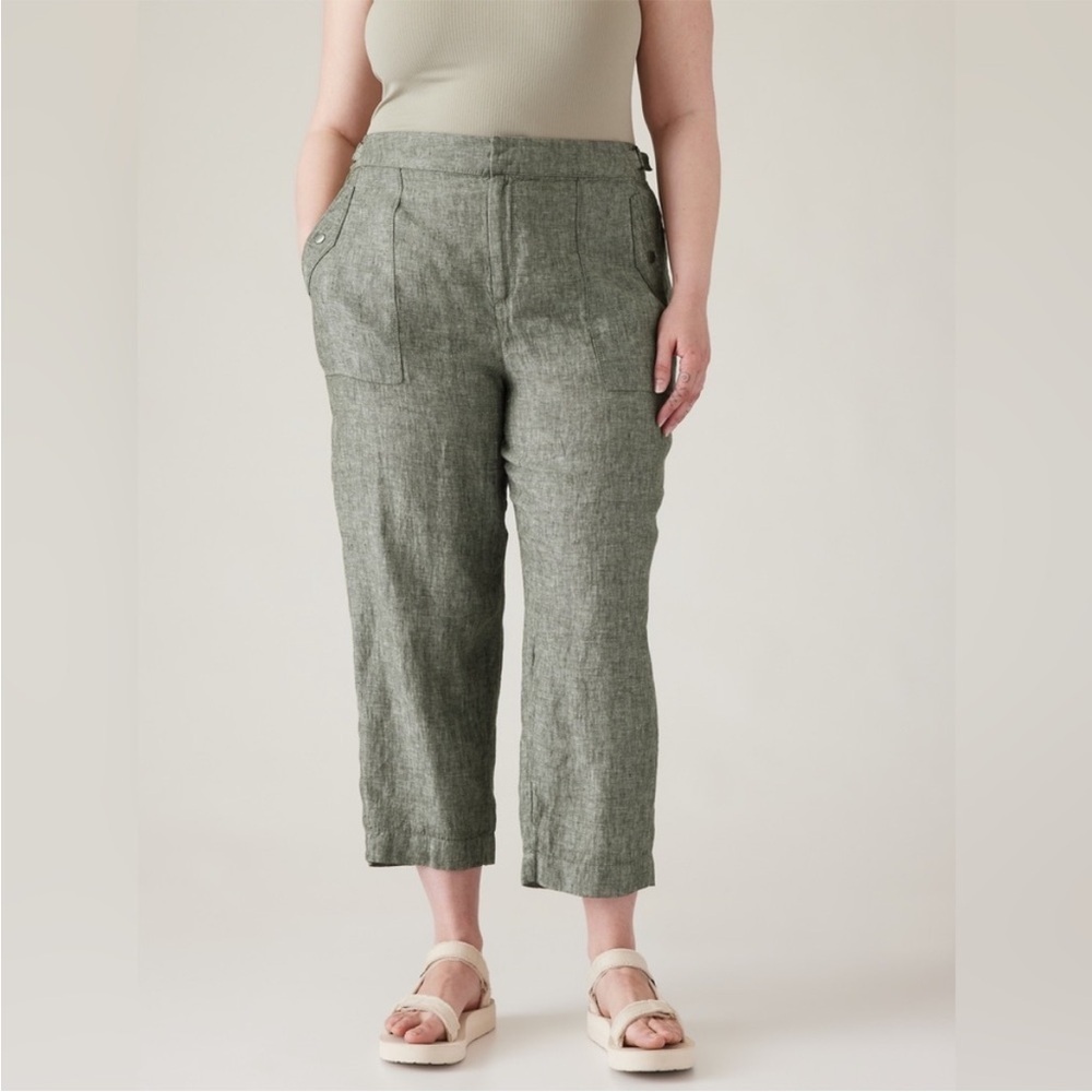 Athleta Voyager Cropped 100% Linen Pants Heathered Green Size 14